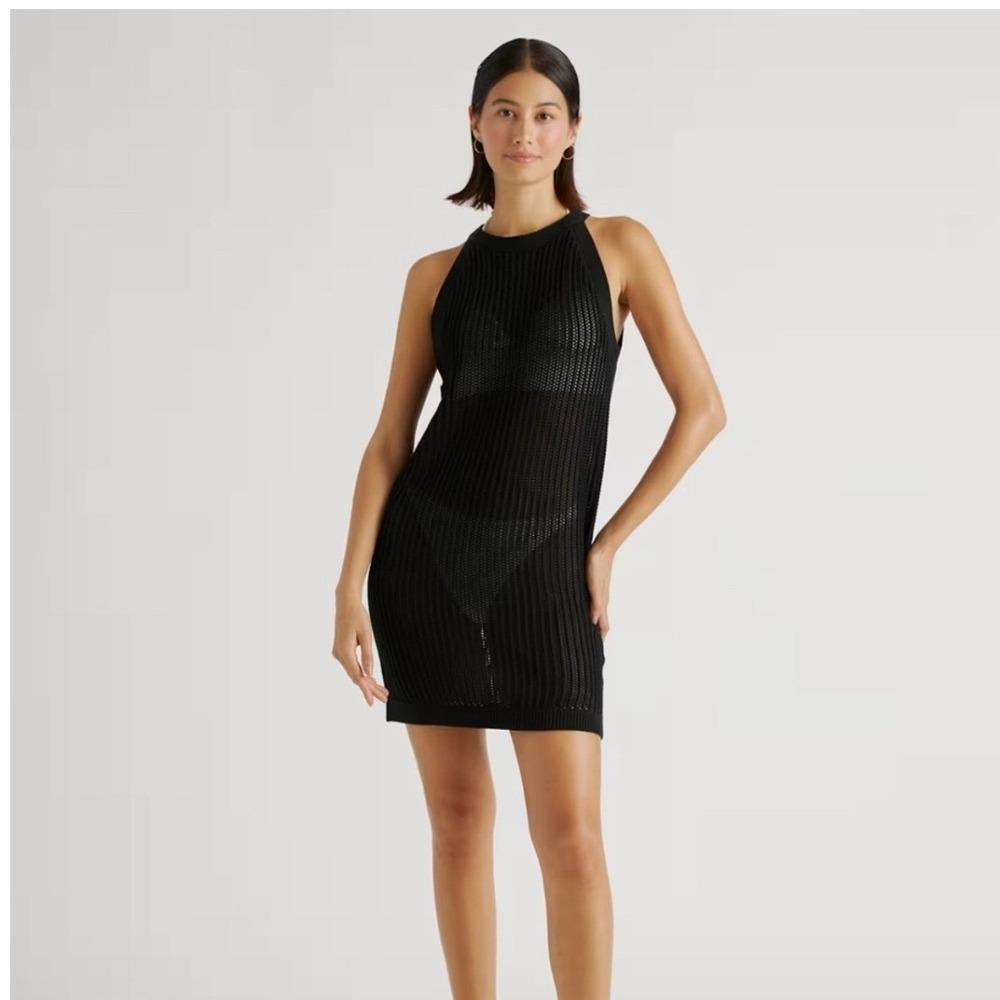 Quince Black Organic Cotton Open Knit Halter Mini Dress Cover-Up Sz S Minimalist